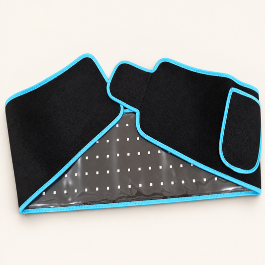 ZURAÉ black red light belt with blue edging, on an ivory studio background.